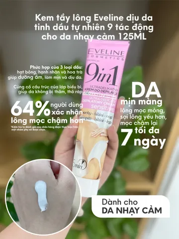 Kem Tẩy Lông Eveline Dưỡng Da Tinh Dầu Tự Nhiên 9 Tác Động 125ML - Chăm Sóc Da Nhạy Cảm, Làm Sạch & Mịn Màng