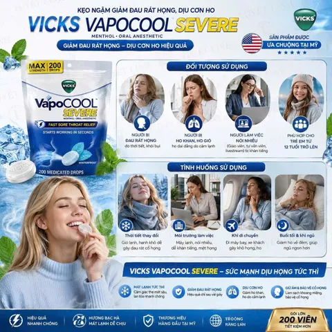 (HÀNG CHÍNH HÃNG MỸ) KẸO NGẬM VICKS VAPOCOOL SEVERE, WINTERFROST THROAT DROPS 200 viên