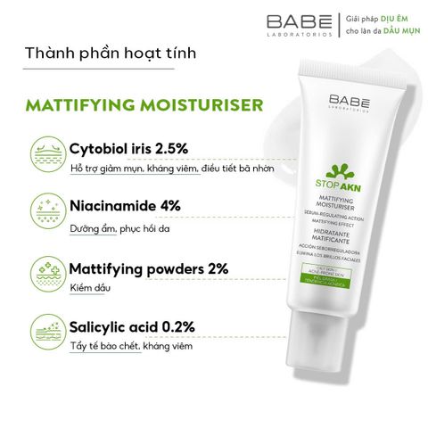 Kem Dưỡng Cho Da Dầu Mụn BABE Stop AKN Mattifying Moisturiser 50ml [hàng nhập khẩu]