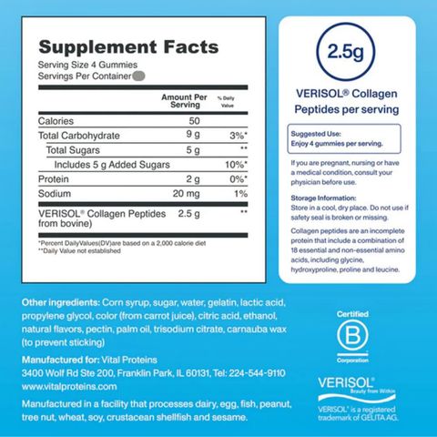 Kẹo dẻo Vital Proteins® Collagen Gummies vị Raspberry |128 viên| Kích thích tăng sinh sợi Collagen & Elastin tự nhiên & Cải thiện cấu trúc da [S/P Chuẩn Mỹ]