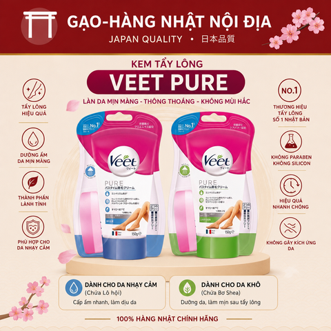  Kem tẩy lông Veet Pure Nhật Bản 150g chính hãng - Kem tẩy lông trong nhà tắm cho da nhạy cảm kèm mút gạt.