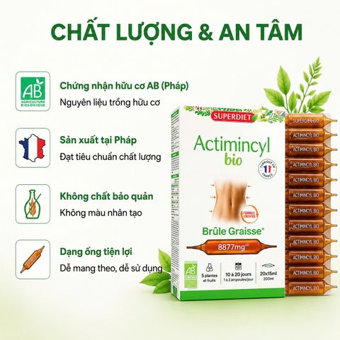 Nước Uống Giảm Mỡ Superdiet Actimincyl Bio – Detox cơ thể, Đốt mỡ, Săn chắc vòng eo – Hộp 20 ống hữu cơ từ Pháp