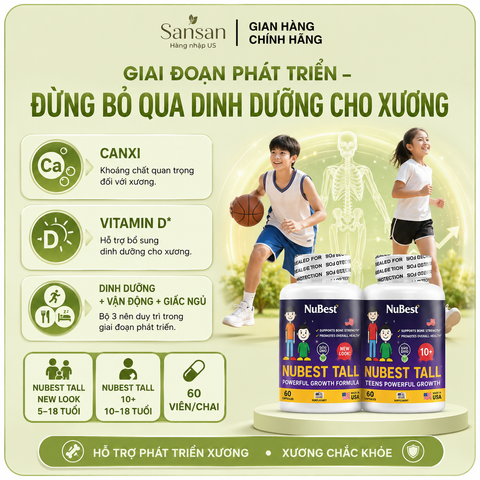 TPBVSK NuBest Tall New Look 10+ - Viên hỗ trợ phát triển chiều cao, xương và răng cho trẻ từ 5 đến 18 tuổi, 60 viên nhập khẩu Mỹ