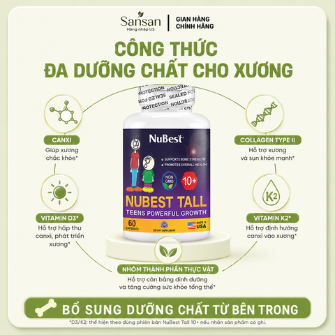 TPBVSK NuBest Tall New Look 10+ - Viên hỗ trợ phát triển chiều cao, xương và răng cho trẻ từ 5 đến 18 tuổi, 60 viên nhập khẩu Mỹ