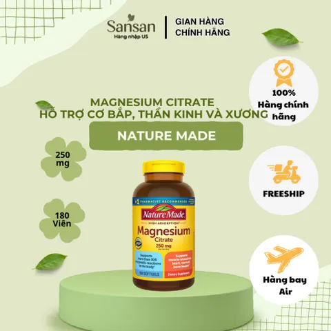 Nature Made Magnesium Citrate 250mg 180 Viên Nang Mềm Bổ Sung Magie Hỗ Trợ Cơ Bắp, Thần Kinh Và Xương