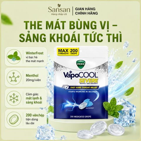 Kẹo Ngậm Vicks VapoCool Severe WinterFrost – 200 Viên  Vicks VapoCool Severe WinterFrost là kẹo ngậm hương bạc hà
