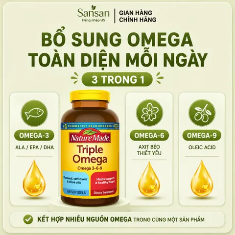 Nature Made Triple Omega 3-6-9 180 Viên Mỹ, Bổ Sung Omega 3 6 9 Hỗ Trợ Sức Khỏe Tim Mạch