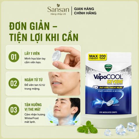 Kẹo Ngậm Vicks VapoCool Severe WinterFrost – 200 Viên  Vicks VapoCool Severe WinterFrost là kẹo ngậm hương bạc hà