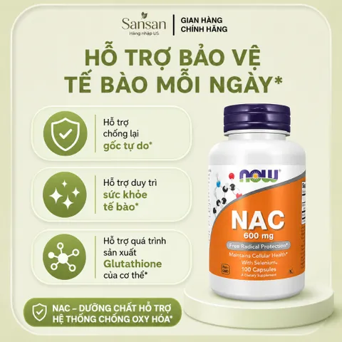 NOW Foods NAC 600mg With Selenium & Molybdenum 100 Viên, Bổ Sung N-Acetyl Cysteine Hỗ Trợ Chống Oxy Hóa