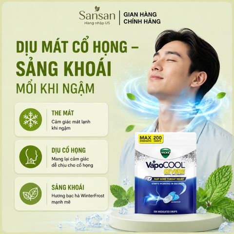 Kẹo Ngậm Vicks VapoCool Severe WinterFrost – 200 Viên  Vicks VapoCool Severe WinterFrost là kẹo ngậm hương bạc hà