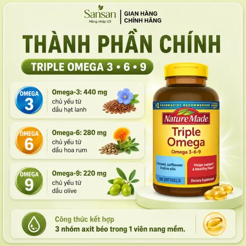 Nature Made Triple Omega 3-6-9 180 Viên Mỹ, Bổ Sung Omega 3 6 9 Hỗ Trợ Sức Khỏe Tim Mạch