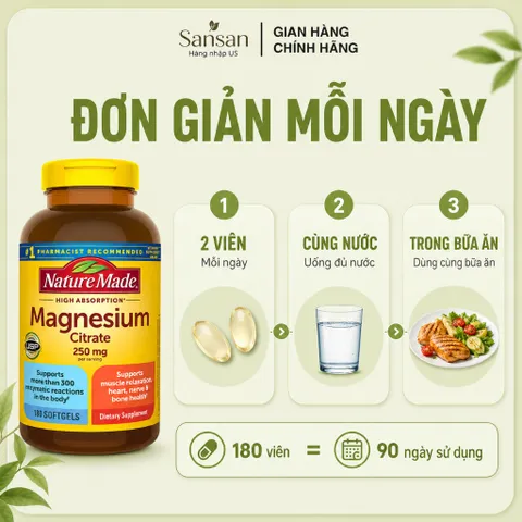 Nature Made Magnesium Citrate 250mg 180 Viên Nang Mềm Bổ Sung Magie Hỗ Trợ Cơ Bắp, Thần Kinh Và Xương