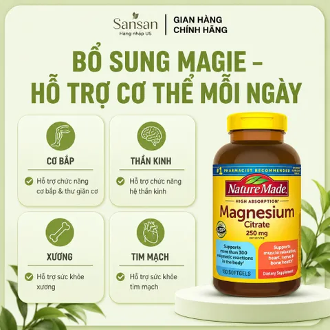 Nature Made Magnesium Citrate 250mg 180 Viên Nang Mềm Bổ Sung Magie Hỗ Trợ Cơ Bắp, Thần Kinh Và Xương