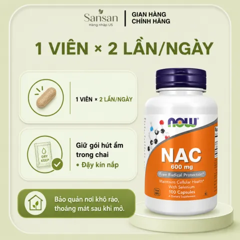 NOW Foods NAC 600mg With Selenium & Molybdenum 100 Viên, Bổ Sung N-Acetyl Cysteine Hỗ Trợ Chống Oxy Hóa