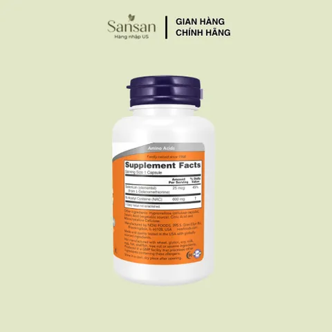 NOW Foods NAC 600mg With Selenium & Molybdenum 100 Viên, Bổ Sung N-Acetyl Cysteine Hỗ Trợ Chống Oxy Hóa