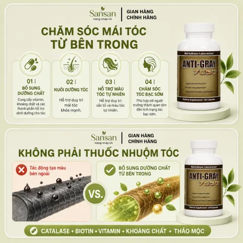 Anti Gray 7050 60 Viên Mỹ, Bổ Sung Catalase Biotin Vitamin & Khoáng Chất Hỗ Trợ Chăm Sóc Tóc