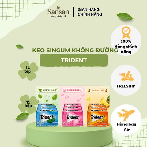 Kẹo Cao Su Không Đường Trident Sugar Free Gum Có Xylitol Thơm Miệng, 3 Vị Mint Bliss / Bubblegum / Tropical Twist
