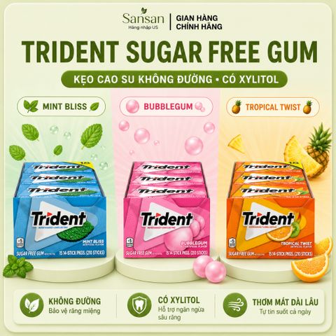 Kẹo Cao Su Không Đường Trident Sugar Free Gum Có Xylitol Thơm Miệng, 3 Vị Mint Bliss / Bubblegum / Tropical Twist