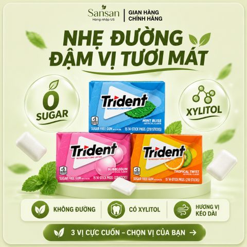 Kẹo Cao Su Không Đường Trident Sugar Free Gum Có Xylitol Thơm Miệng, 3 Vị Mint Bliss / Bubblegum / Tropical Twist