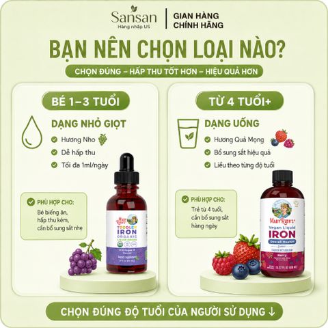 Sắt Nước Hữu Cơ MaryRuth’s Vegan Liquid Iron Dễ Hấp Thu Cho Bé & Gia Đình, Toddler 1-3 Tuổi 60ml / Từ 4 Tuổi 450ml