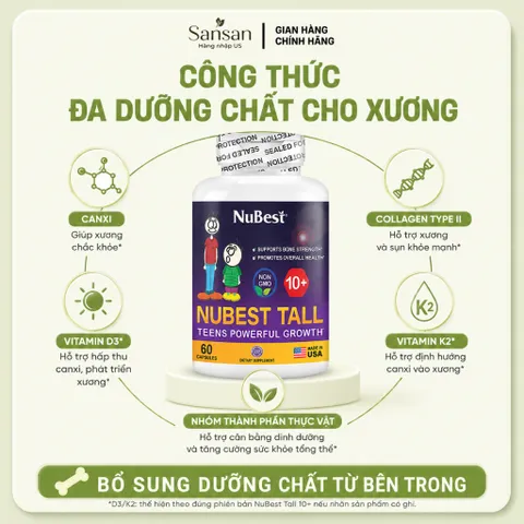 NuBest Tall 60 Viên Bổ Sung Canxi Và Vitamin D, Hỗ Trợ Phát Triển Xương, Hỗ Trợ Xương Răng Chắc Khỏe Cho Trẻ 5-18 Tuổi