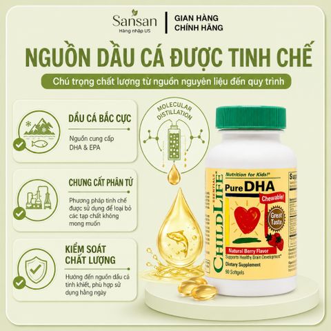 ChildLife Essentials Pure DHA 90 Viên Nang Mềm Cho Bé | DHA & EPA Từ Dầu Cá, Hương Quả Mọng Dễ Dùng
