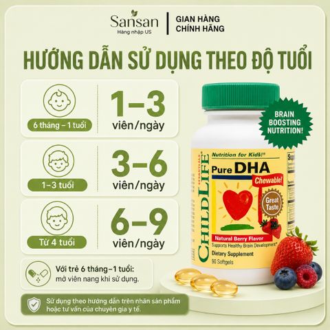 ChildLife Essentials Pure DHA 90 Viên Nang Mềm Cho Bé | DHA & EPA Từ Dầu Cá, Hương Quả Mọng Dễ Dùng