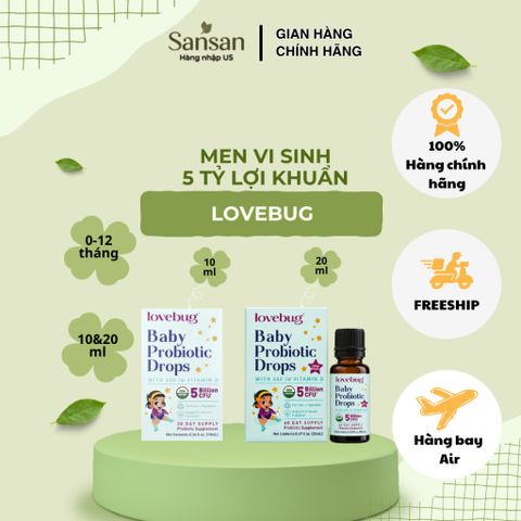 Men Vi Sinh Lovebug Probiotic Drops Organic Cho Bé 0-12 Tháng, 5 Tỷ Lợi Khuẩn + Vitamin D3, Dạng Nhỏ Giọt 10ml/20ml