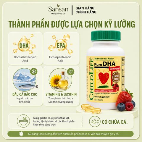 ChildLife Essentials Pure DHA 90 Viên Nang Mềm Cho Bé | DHA & EPA Từ Dầu Cá, Hương Quả Mọng Dễ Dùng
