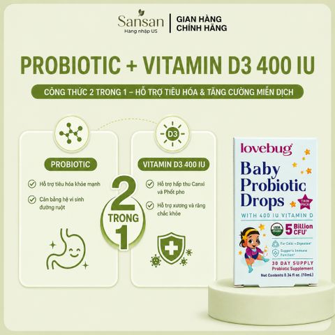 Men Vi Sinh Lovebug Probiotic Drops Organic Cho Bé 0-12 Tháng, 5 Tỷ Lợi Khuẩn + Vitamin D3, Dạng Nhỏ Giọt 10ml/20ml