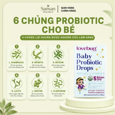 Men Vi Sinh Lovebug Probiotic Drops Organic Cho Bé 0-12 Tháng, 5 Tỷ Lợi Khuẩn + Vitamin D3, Dạng Nhỏ Giọt 10ml/20ml