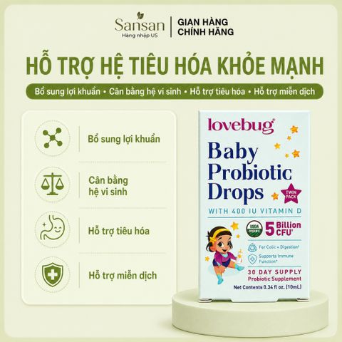 Men Vi Sinh Lovebug Probiotic Drops Organic Cho Bé 0-12 Tháng, 5 Tỷ Lợi Khuẩn + Vitamin D3, Dạng Nhỏ Giọt 10ml/20ml