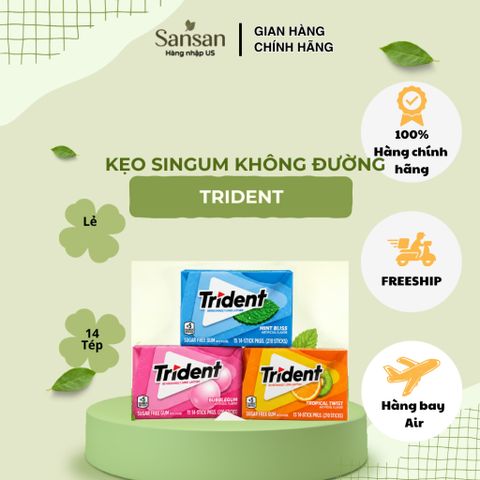 Kẹo Cao Su Không Đường Trident Có Xylitol Lẻ 1 Hộp, 3 Vị Mint Bliss Bạc Hà / Bubblegum / Tropical Twist Trái Cây