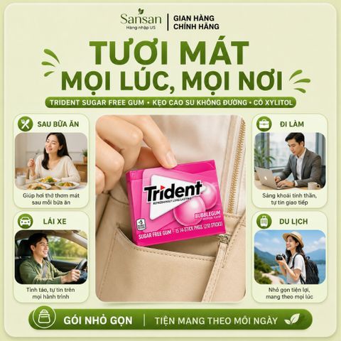 Kẹo Cao Su Không Đường Trident Có Xylitol Lẻ 1 Hộp, 3 Vị Mint Bliss Bạc Hà / Bubblegum / Tropical Twist Trái Cây