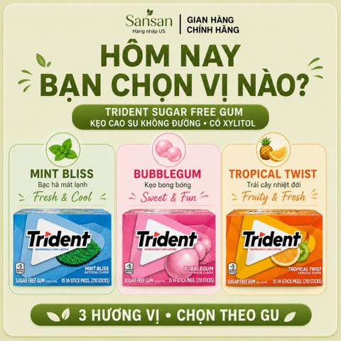 Kẹo Cao Su Không Đường Trident Có Xylitol Lẻ 1 Hộp, 3 Vị Mint Bliss Bạc Hà / Bubblegum / Tropical Twist Trái Cây