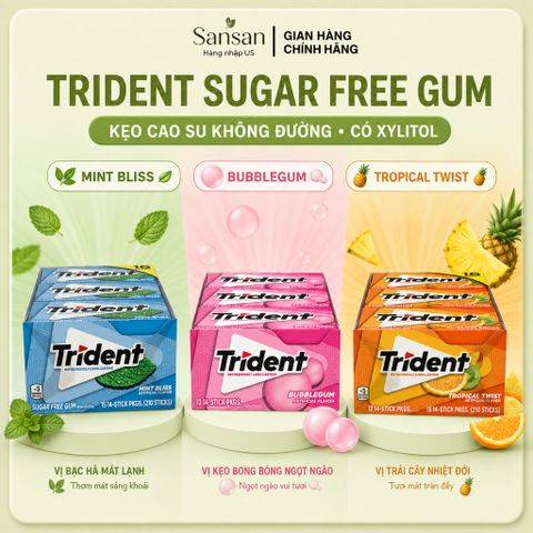 Kẹo Cao Su Không Đường Trident Có Xylitol Lẻ 1 Hộp, 3 Vị Mint Bliss Bạc Hà / Bubblegum / Tropical Twist Trái Cây