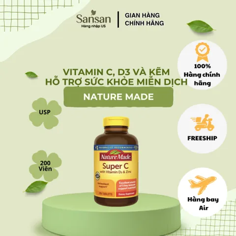 Nature Made Super C 200 Viên Bổ Sung Vitamin C 900mg, Vitamin D3 1000IU Và Kẽm Zinc 11mg