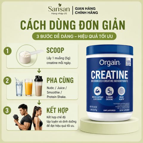 Bột Orgain Creatine Monohydrate 5g Micronized Hỗ Trợ Cơ Bắp, Sức Mạnh & Hiệu Suất Tập Luyện 675g