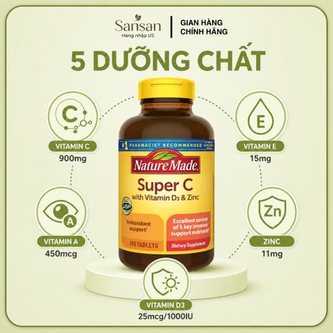 Nature Made Super C 200 Viên Bổ Sung Vitamin C 900mg, Vitamin D3 1000IU Và Kẽm Zinc 11mg