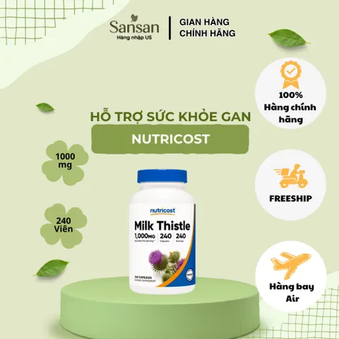 Viên Uống Hỗ Trợ Gan Nutricost Milk Thistle 1000mg Chiết Xuất Kế Sữa 4:1 Silymarin 240 Viên