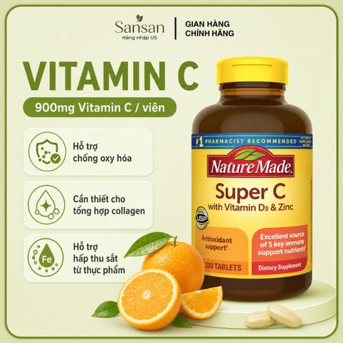 Nature Made Super C 200 Viên Bổ Sung Vitamin C 900mg, Vitamin D3 1000IU Và Kẽm Zinc 11mg