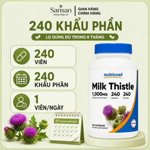 Viên Uống Hỗ Trợ Gan Nutricost Milk Thistle 1000mg Chiết Xuất Kế Sữa 4:1 Silymarin 240 Viên