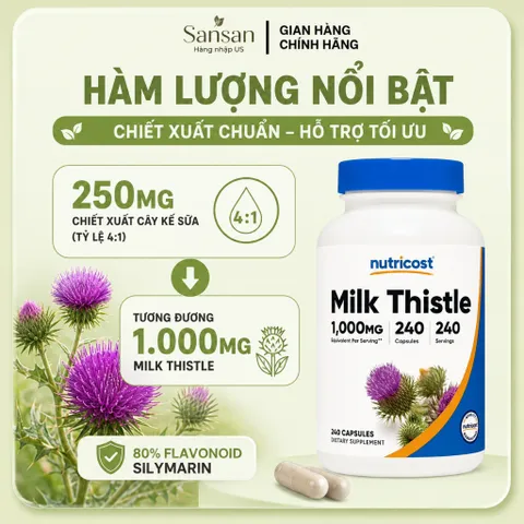 Viên Uống Hỗ Trợ Gan Nutricost Milk Thistle 1000mg Chiết Xuất Kế Sữa 4:1 Silymarin 240 Viên