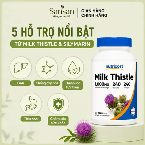 Viên Uống Hỗ Trợ Gan Nutricost Milk Thistle 1000mg Chiết Xuất Kế Sữa 4:1 Silymarin 240 Viên