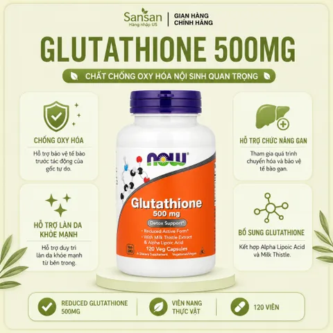 NOW Glutathione 500mg 60 Viên Nang Thực Vật, Bổ Sung Glutathione Dạng Khử, Milk Thistle Và Alpha Lipoic Acid
