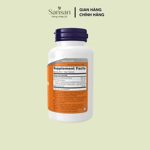 NOW Glutathione 500mg 60 Viên Nang Thực Vật, Bổ Sung Glutathione Dạng Khử, Milk Thistle Và Alpha Lipoic Acid