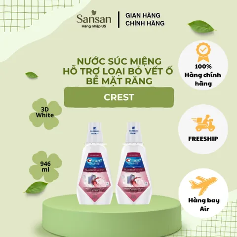 Nước Súc Miệng Crest 3D White Glamorous White 946ml Không Cồn, Hương Bạc Hà, Hỗ Trợ Loại Bỏ Vết Ố Bề Mặt Răng