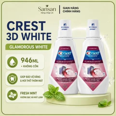 Nước Súc Miệng Crest 3D White Glamorous White 946ml Không Cồn, Hương Bạc Hà, Hỗ Trợ Loại Bỏ Vết Ố Bề Mặt Răng