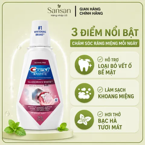 Nước Súc Miệng Crest 3D White Glamorous White 946ml Không Cồn, Hương Bạc Hà, Hỗ Trợ Loại Bỏ Vết Ố Bề Mặt Răng