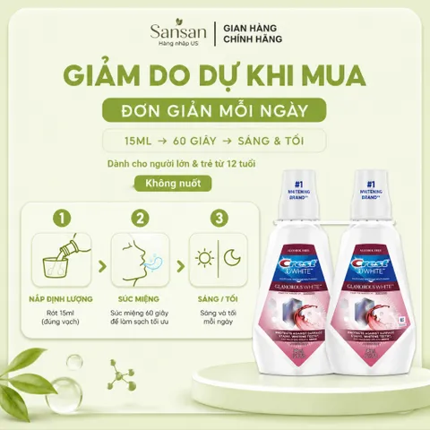 Nước Súc Miệng Crest 3D White Glamorous White 946ml Không Cồn, Hương Bạc Hà, Hỗ Trợ Loại Bỏ Vết Ố Bề Mặt Răng